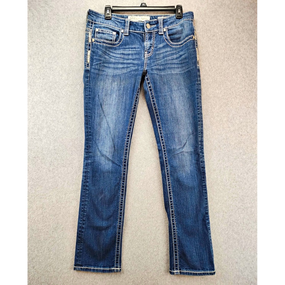 BKE Women's Medium Wash Blue Denim Slim Straight Jeans Mid Rise 5-Pocket
